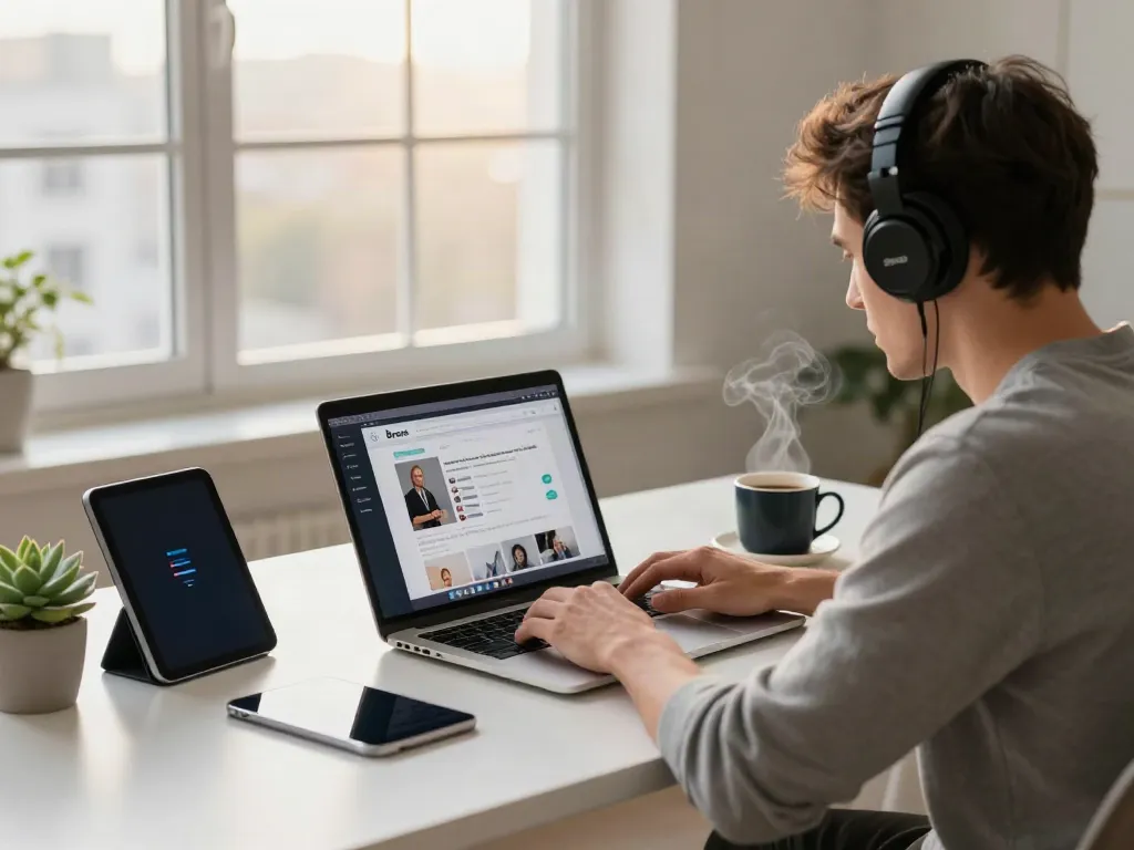 Focused user browsing on Brave browser in a modern home office