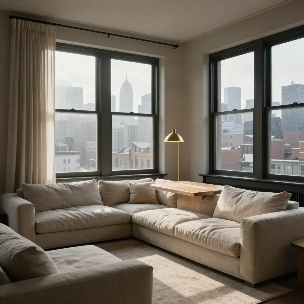 Rain-cleared Tribeca loft with steel windows, linen sectional, oak table and brass lamp.
