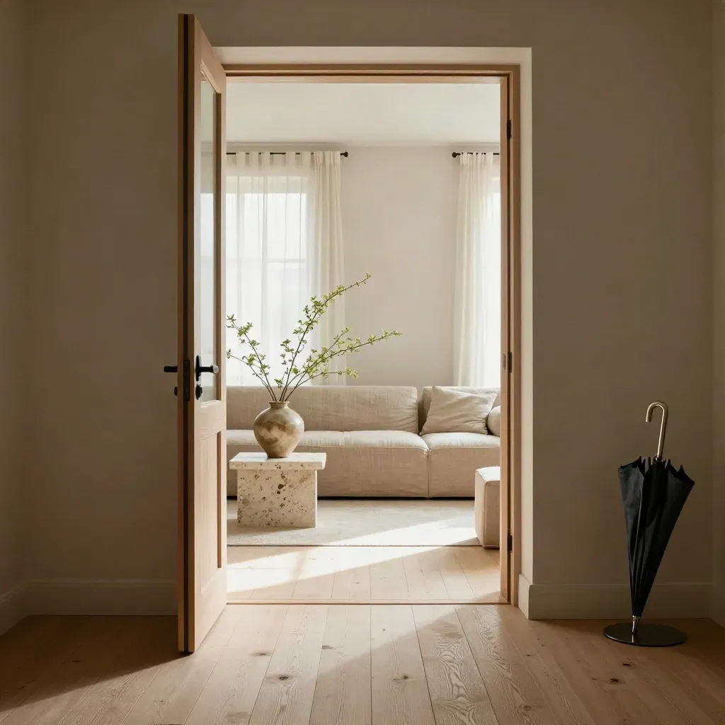 Open loft entry with floorboards leading to a bright lounge and ceramic vase of branches.