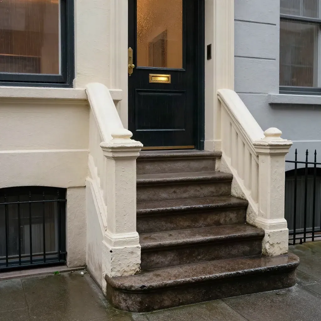 Rain-speckled walkup stoop with worn stone steps, ivory banister, and brass mail slot.