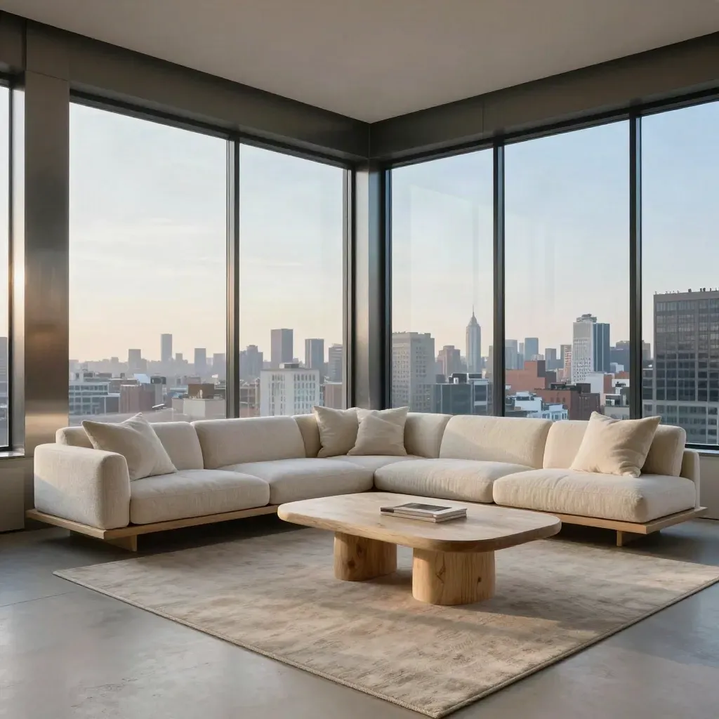 Bright modern loft with wraparound city windows, sofa, dining set, and pale rug at sunset