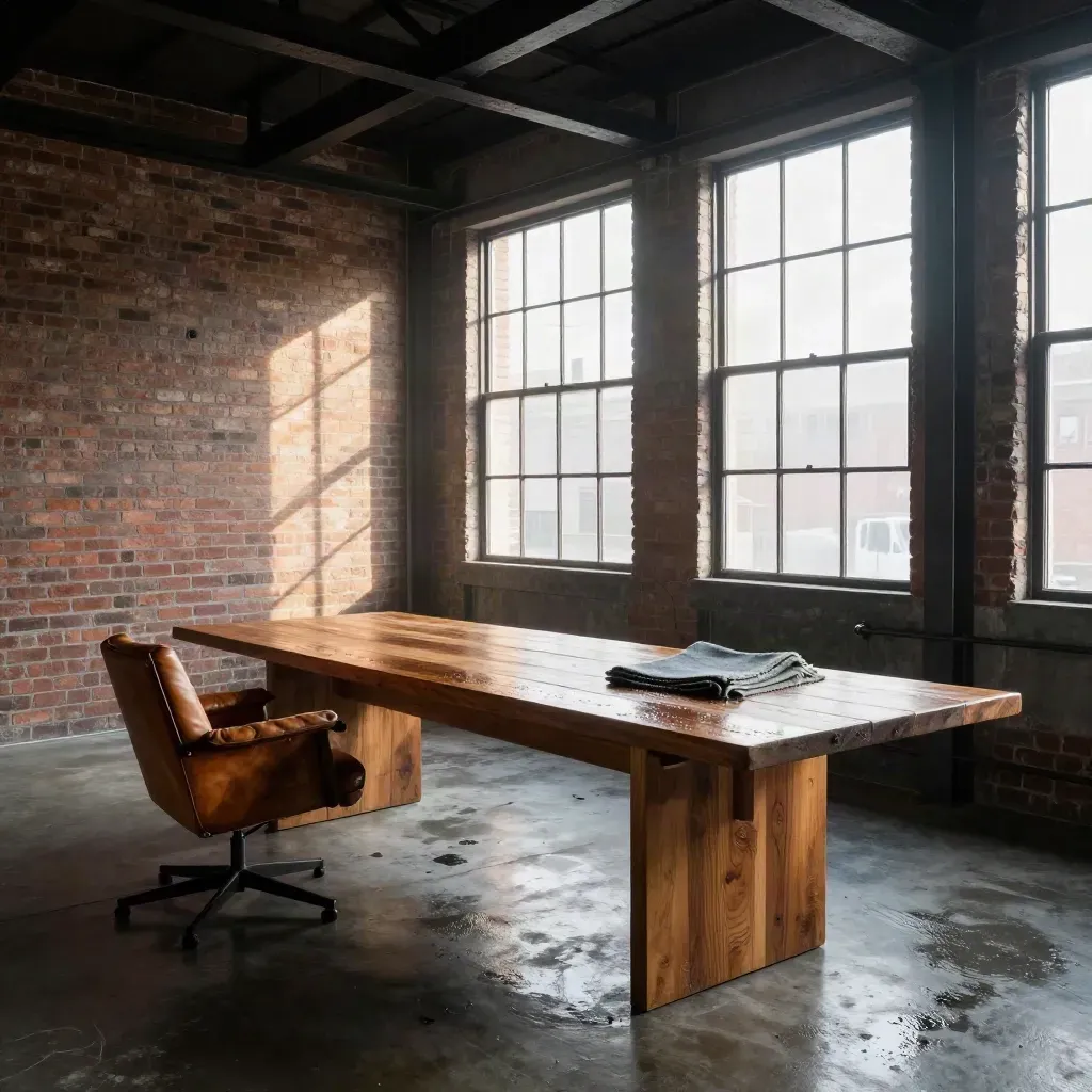 Moody Brooklyn warehouse loft with brick, steel beams, worktable, lounge chair, and morning rain light.