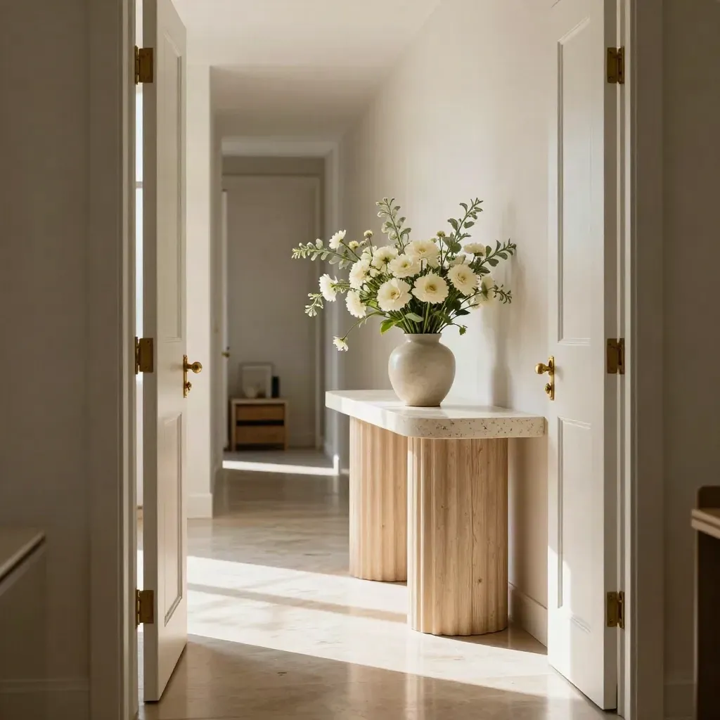 Open-house loft hallway with propped doors, brass details, bouquet and console in warm daylight
