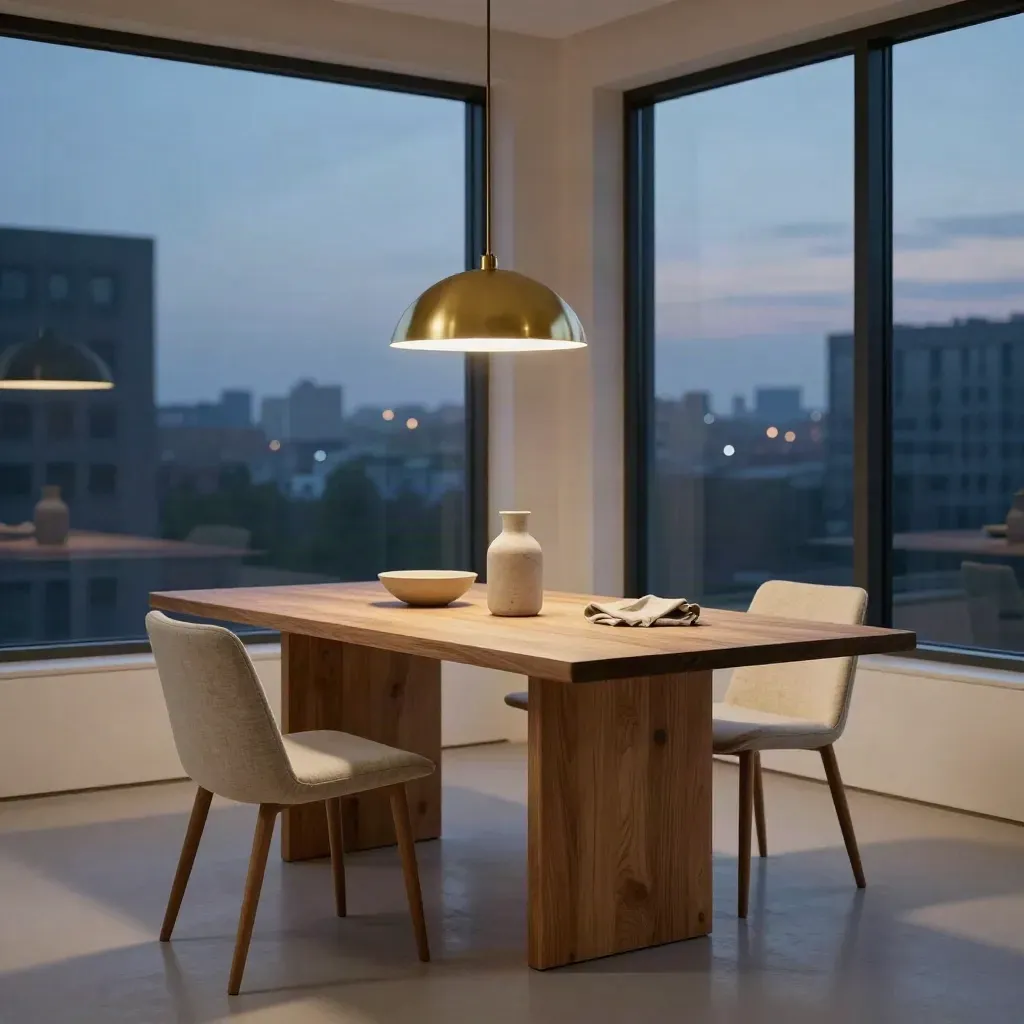 Tribeca loft dining area with brass accents, pale floors, and dusk light