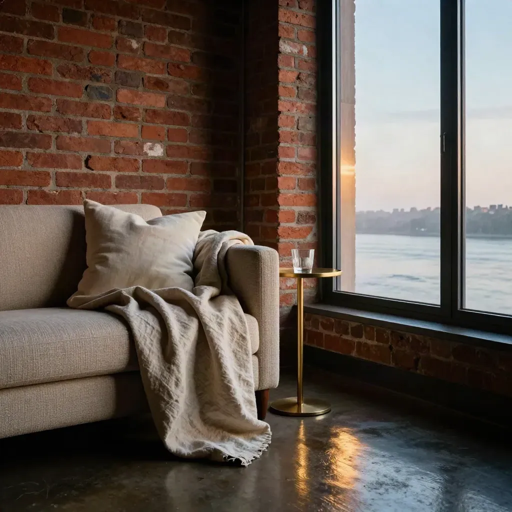 River-facing loft nook with brick, linen throw, and golden reflections on the floor.