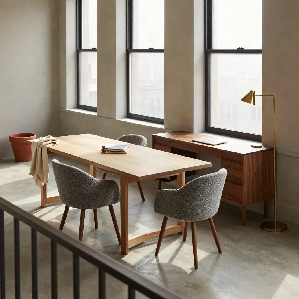 Chelsea loft with oak dining table, slate chair, and tucked desk under soft morning light.
