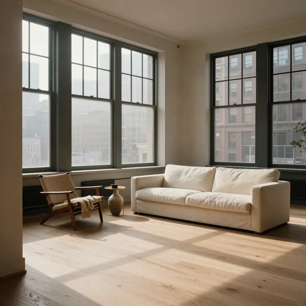 Sunlit Tribeca loft with cream sofa, pale oak floors, and a quiet reading corner.