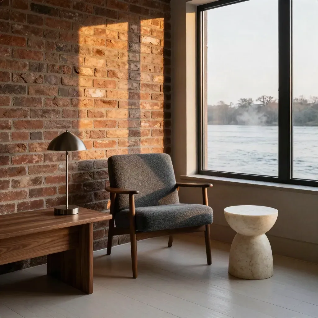 Dumbo loft with brick, river windows, a reading chair and sunset reflections.