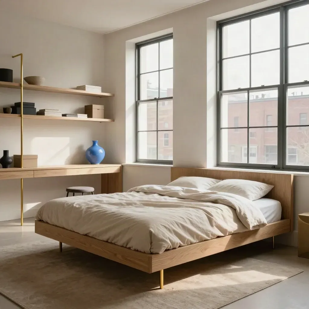 Open Murphy bed, shelving, and desk zone in warm late-afternoon loft light with dust drifting.
