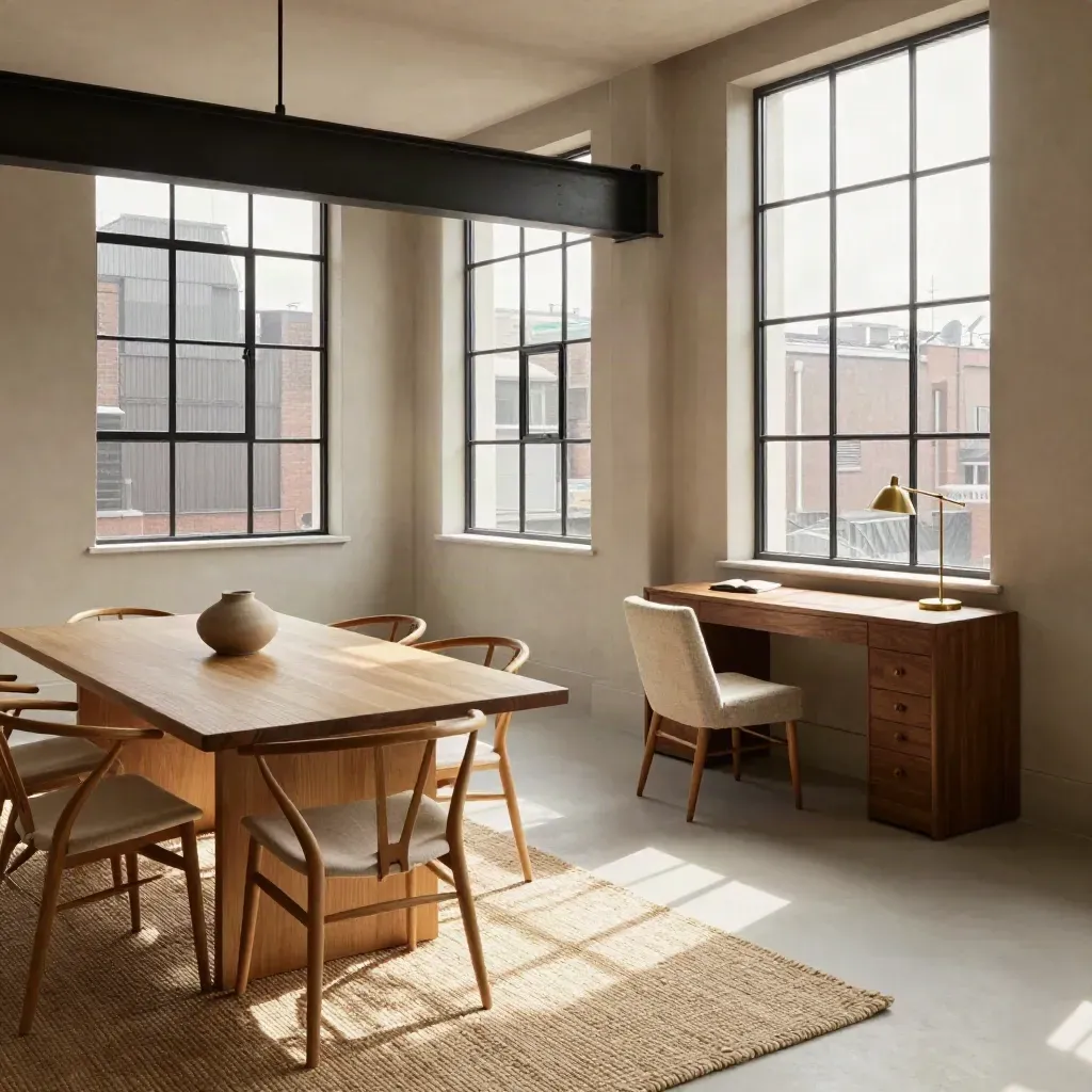 Overhead Chelsea loft with dining table, lounge chair, tucked desk, and sunlit open-plan zones.