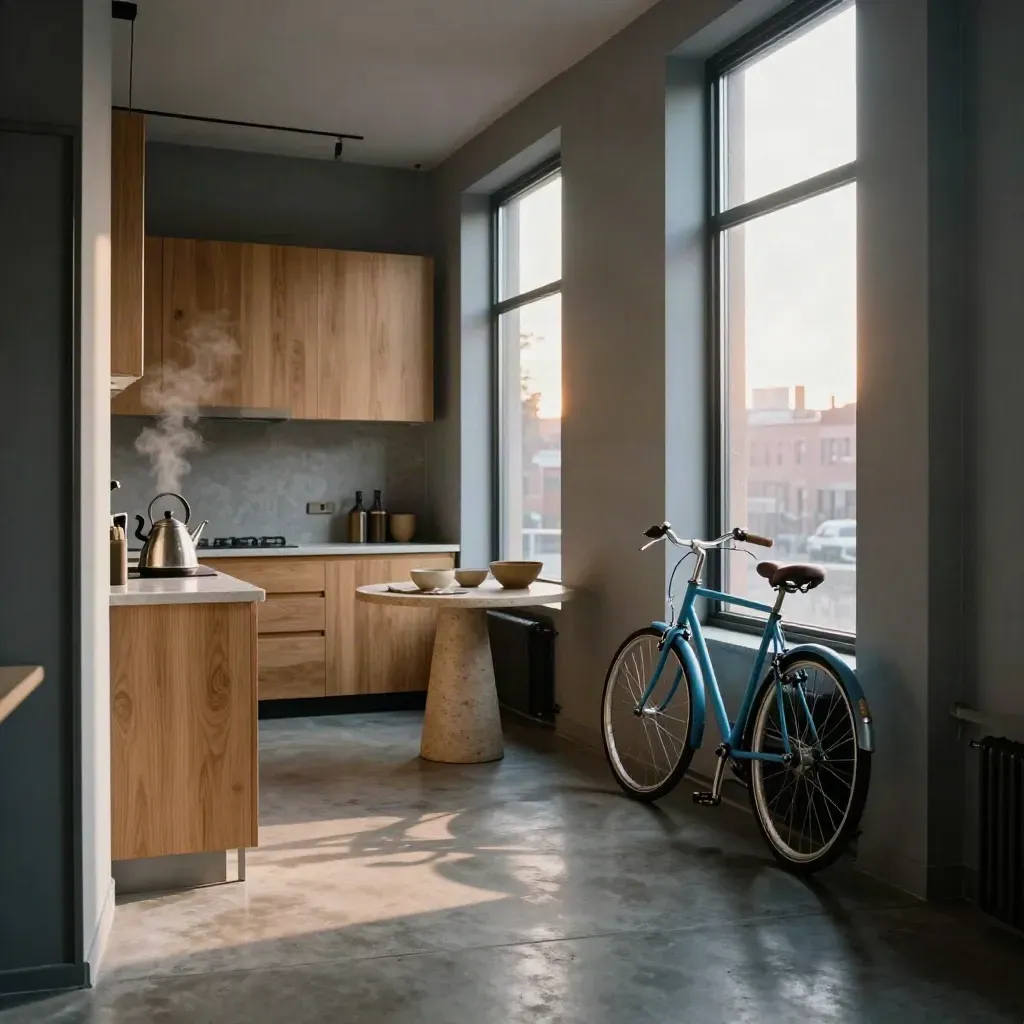 Sunlit Williamsburg loft with kitchen, bike by window, and a small breakfast corner