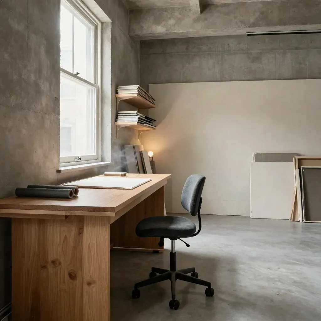 Queens live-work loft with drafting desk, open shelves, dust in sunbeam, and a blank studio wall