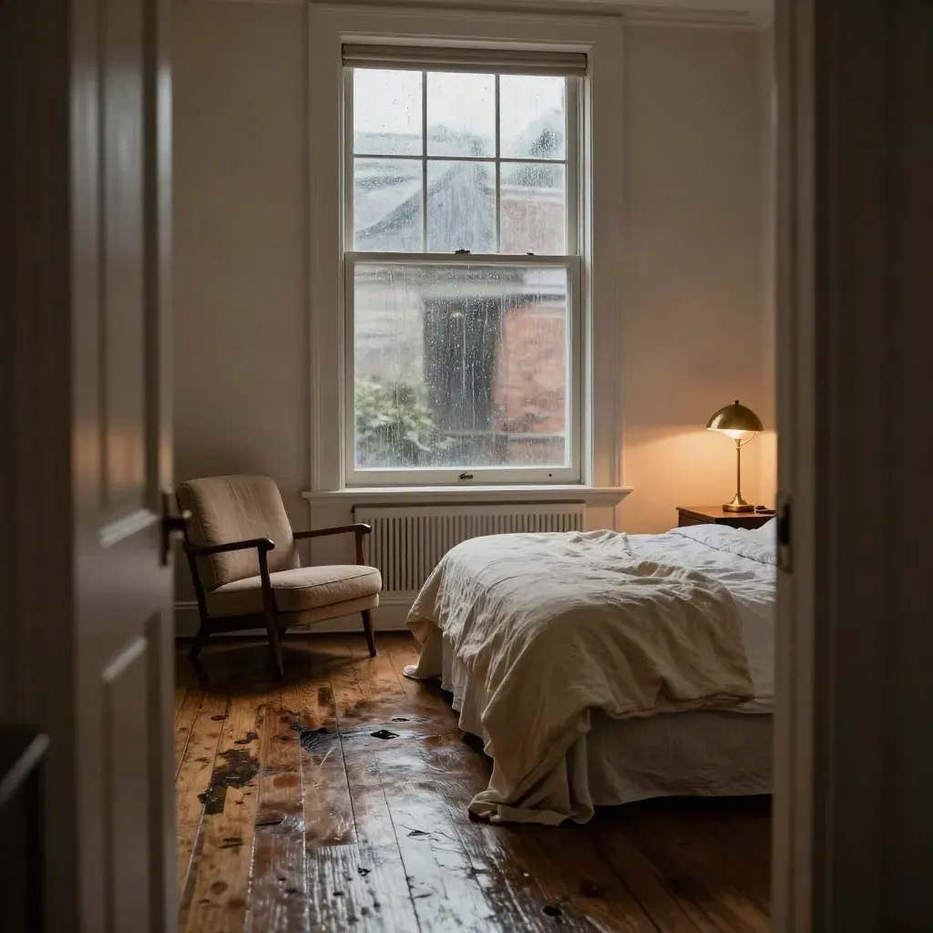 Rainy SoHo furnished loft bedroom with low bed, side chair, lamp glow, and floor reflections.