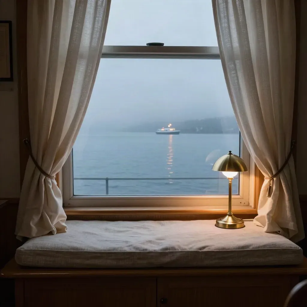 Harbor-view rental window seat at blue hour with ferry lights and pale drapes