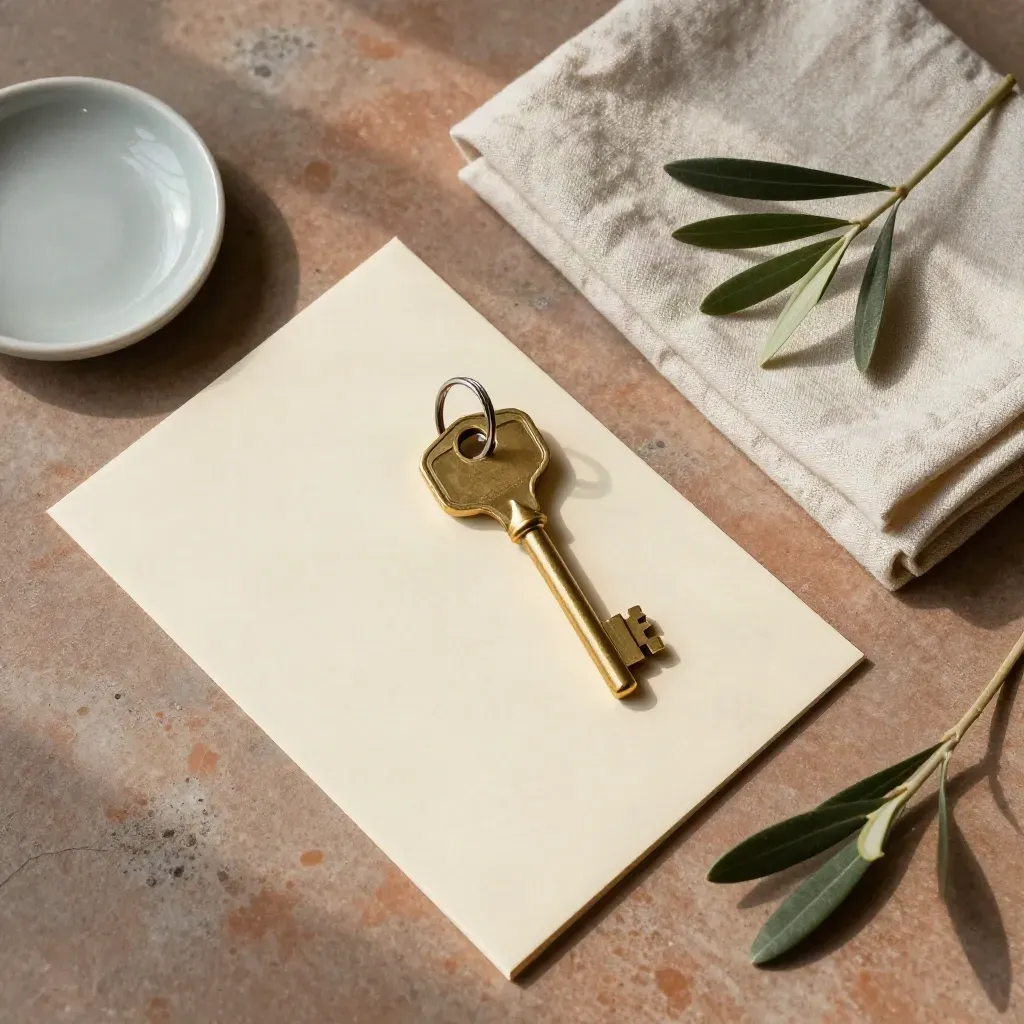 Brass key with lease folder, linen, dish, and olive sprig in a top-down flatlay.