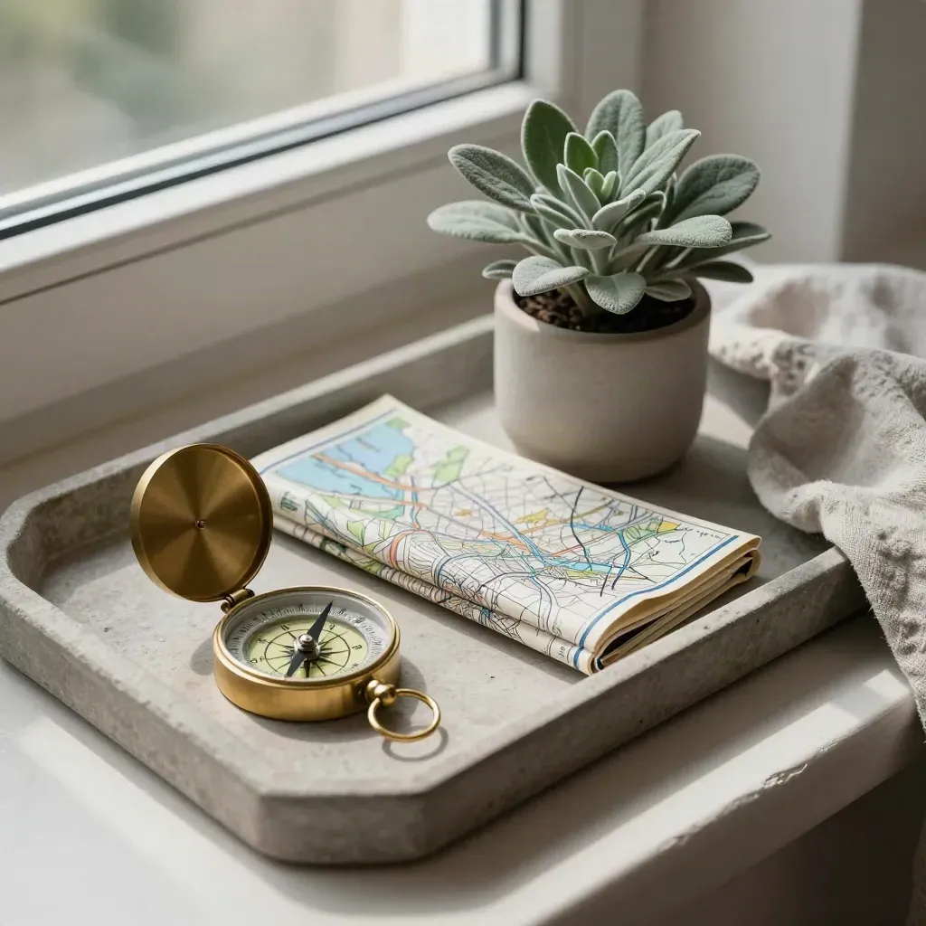 Brass compass beside a folded map, plant, and linen-edged stone tray on a pale ledge.