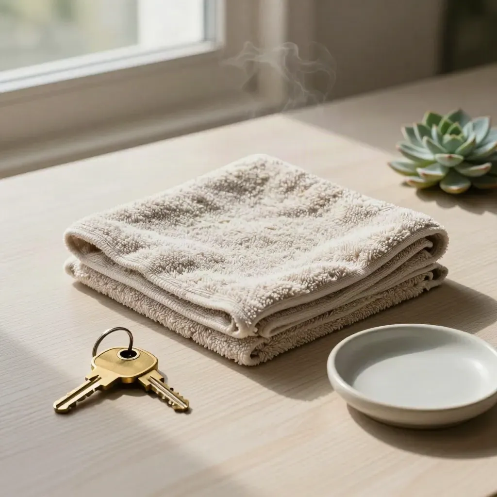 Folded travel towel with brass key, ceramic dish and succulent on pale wood