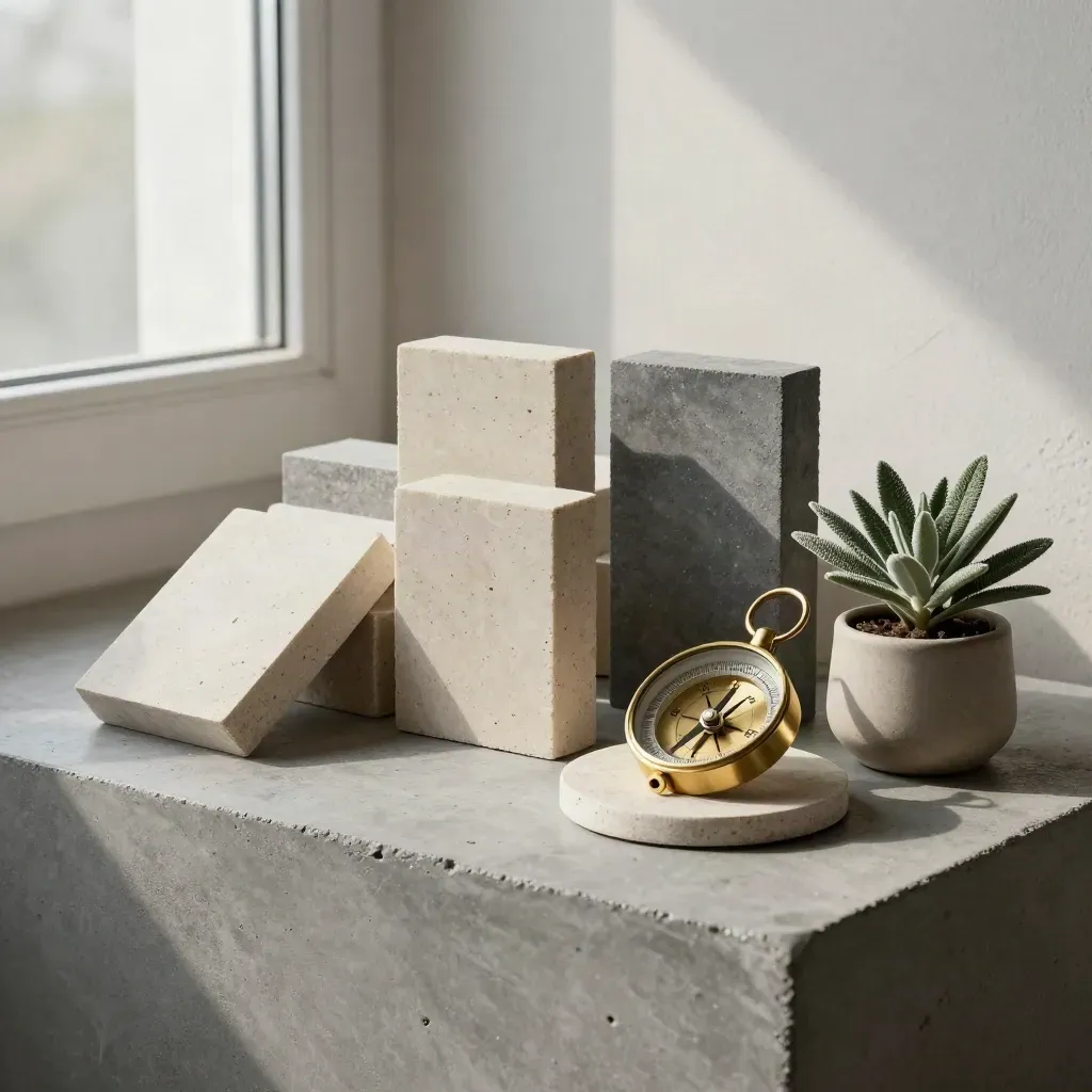 Architectural sample blocks, brass compass, stone coaster and a small plant on concrete, side lit
