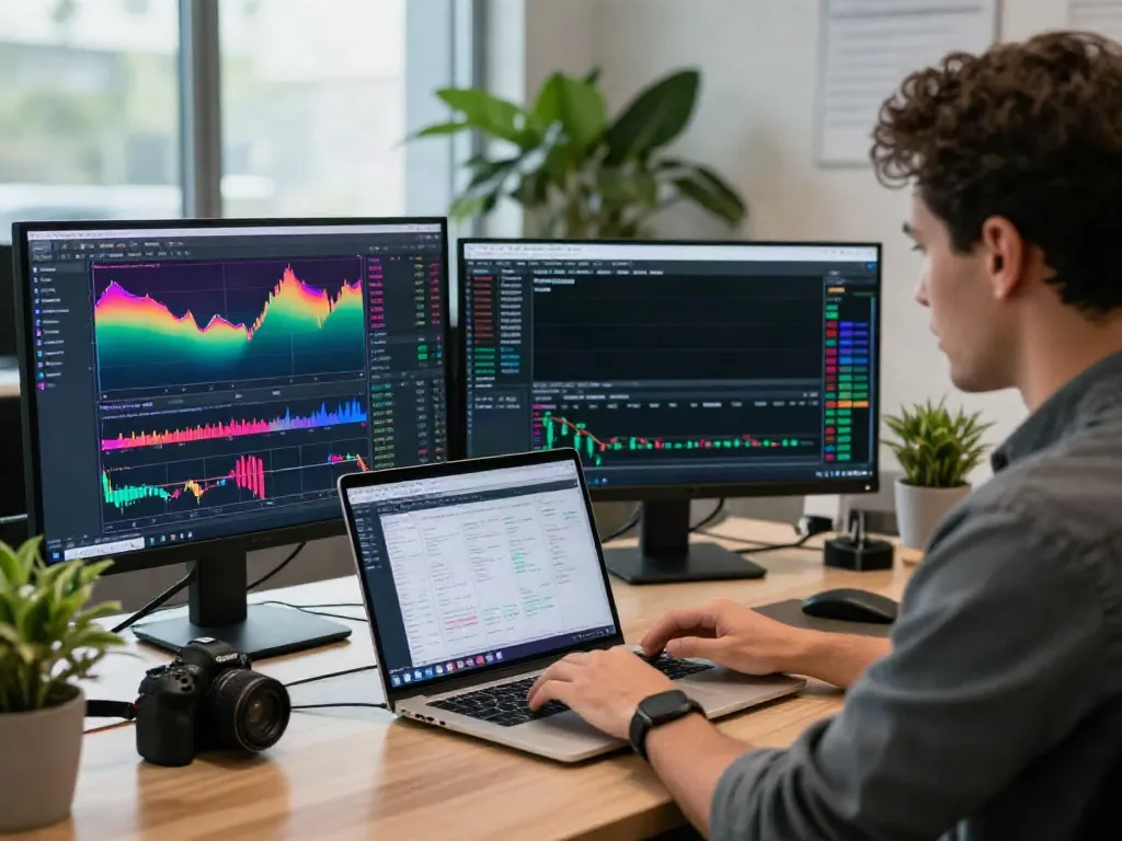 Trader analyzing the financial markets using MetaTrader 5 on a modern laptop with multiple screens displaying live data.